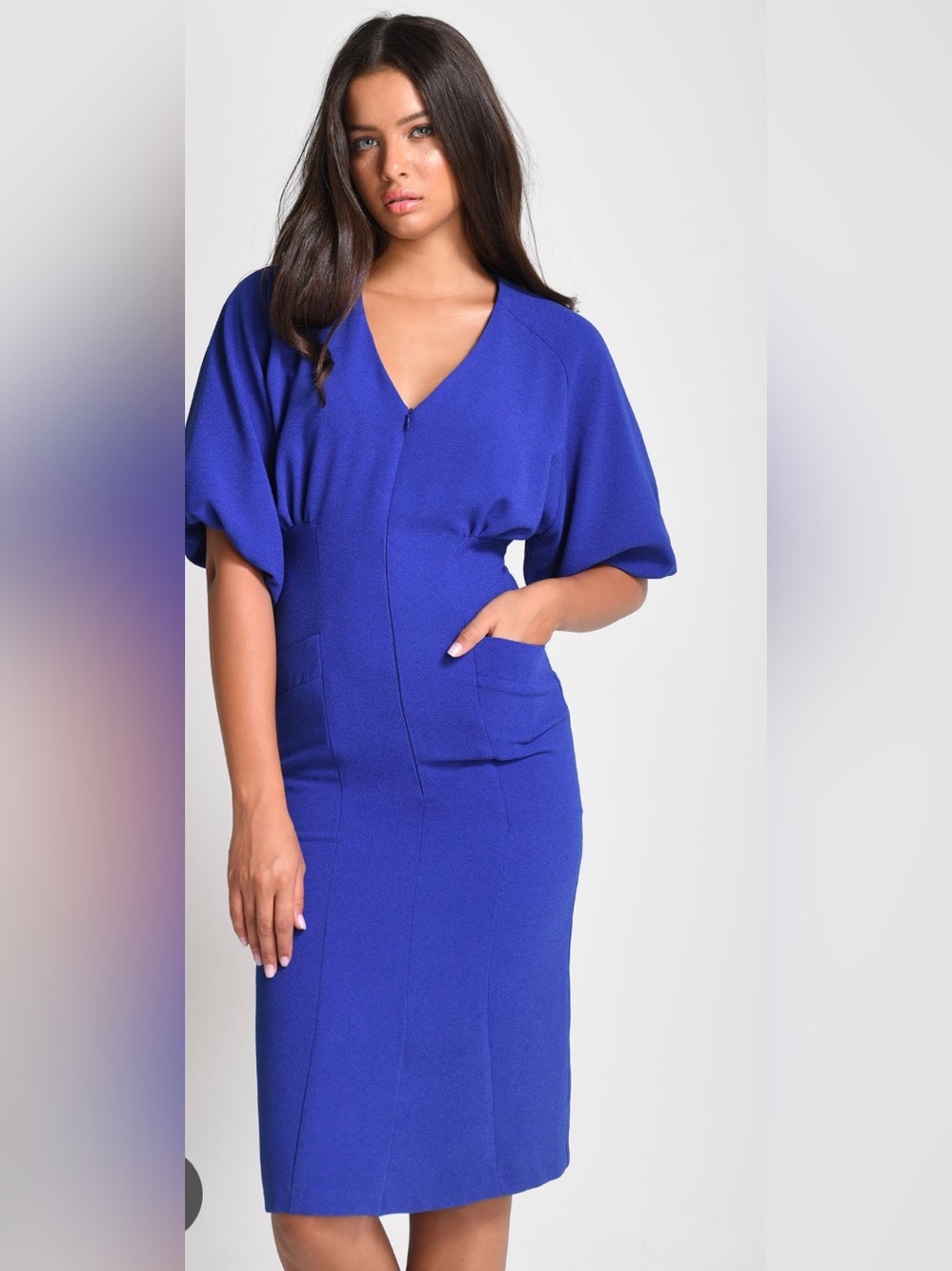 Blue Purple Puff Sleeve Midi Dress w/ Pockets Wedding Guest S